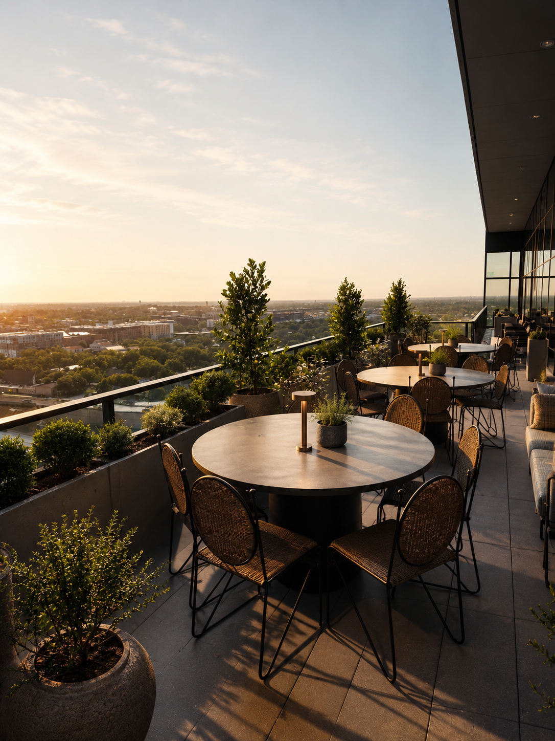 A terrace at The Modern at sunset